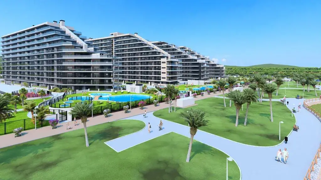 A Ciudad Jardín 4 épület együttese medencéivel és sétálóútjaival