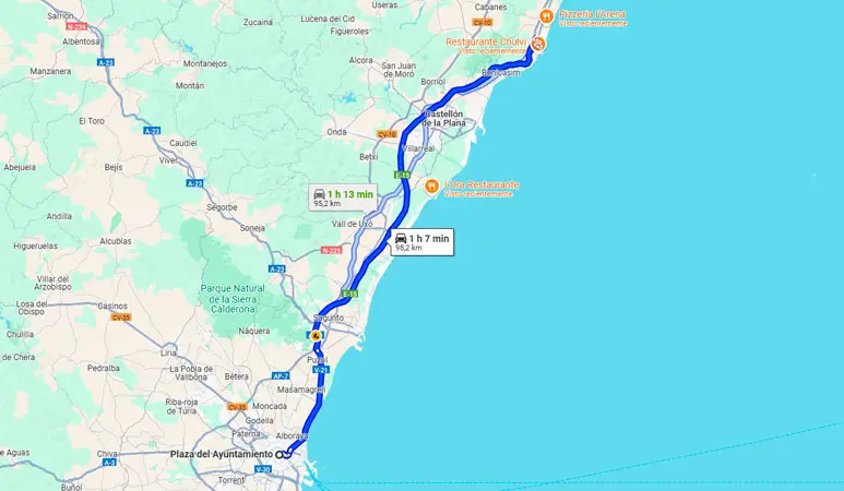 Mapa de la ruta en coche de Valencia a Oropesa del Mar: 98 km en 1 h 7 min