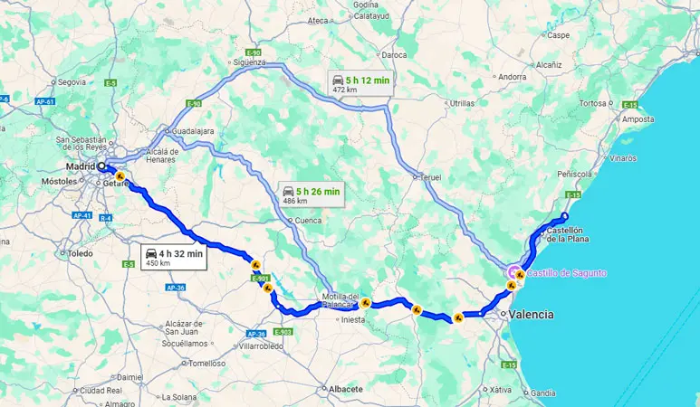 Mapa de la ruta en coche de Madrid a Oropesa del Mar: 450 km en 4 h 32 min