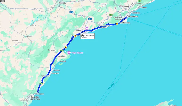 Mapa de la ruta en coche de Barcelona a Oropesa del Mar por la costa: 257 km en 2 h 47 min