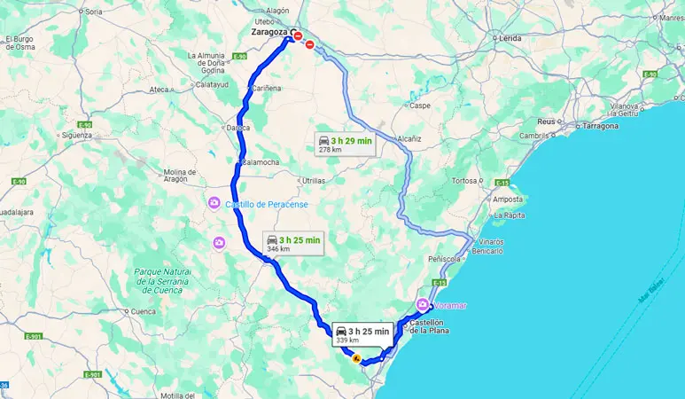 Mapa de la ruta en coche de Zaragoza a Oropesa del Mar: 339 km en 3 h 25 min