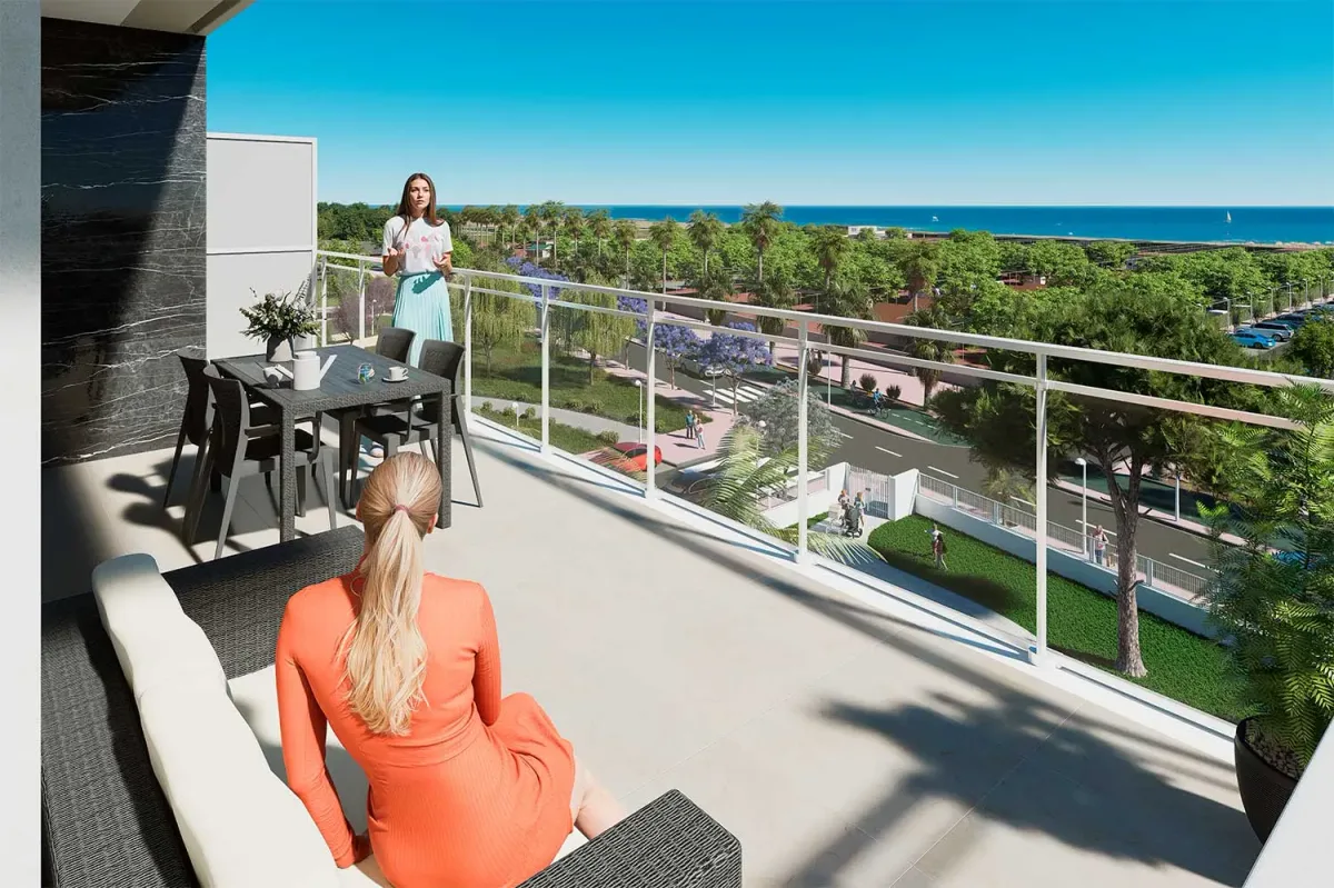 Recreación de la terraza de un apartamento del Edificio Cristal, con vistas al paseo arbolado y al mar