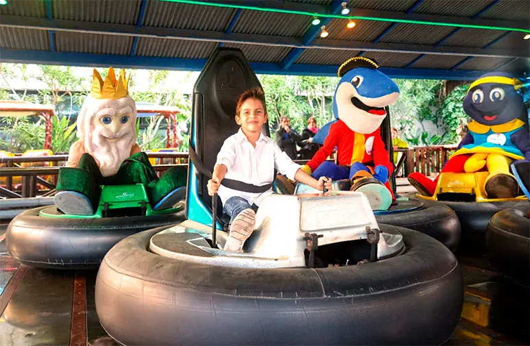 Niño disfrutando en coches chocones junto a mascotas del parque infantil de Marina d'Or.