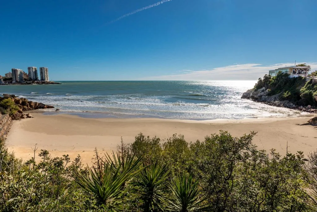 Blick auf die Bucht von Orpesa la Vella inmitten der Vegetation, mit dem goldenen Sandstrand und den Gebäuden von Oropesa del Mar im Hintergrund