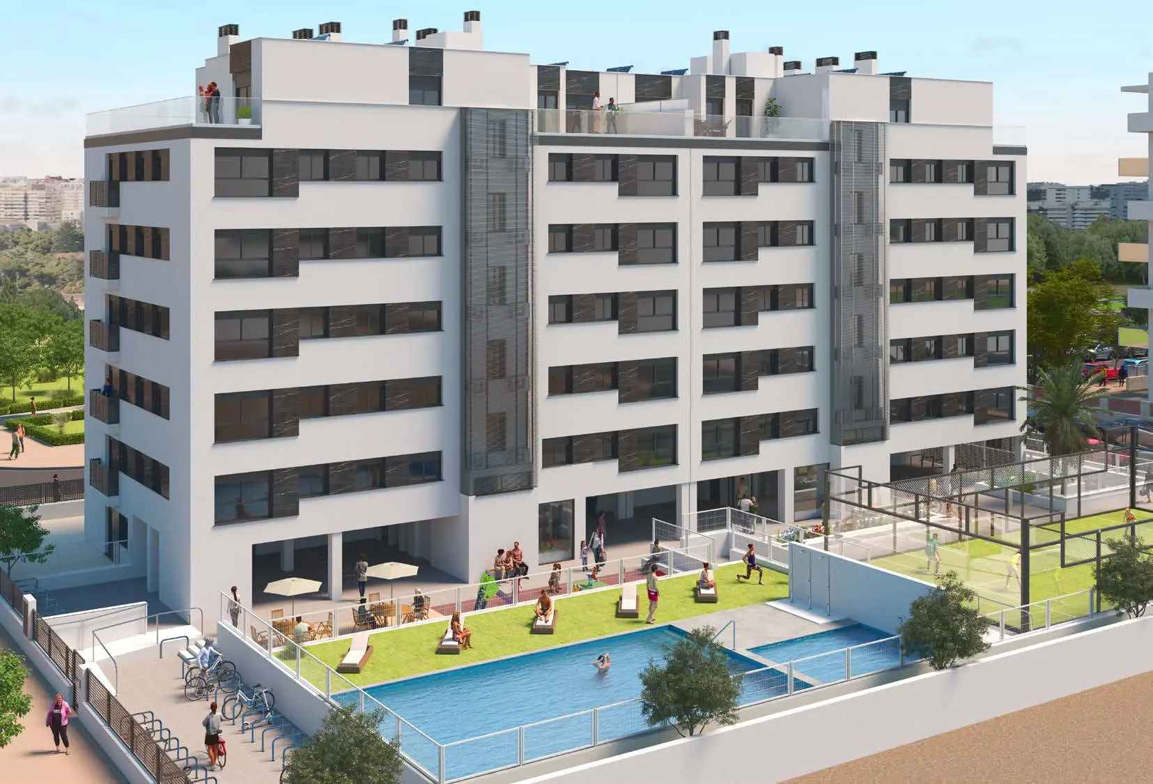 Uitzicht op het Mirador de Sensal-gebouw in Castellón met zwembad, tuin en recreatiegebieden