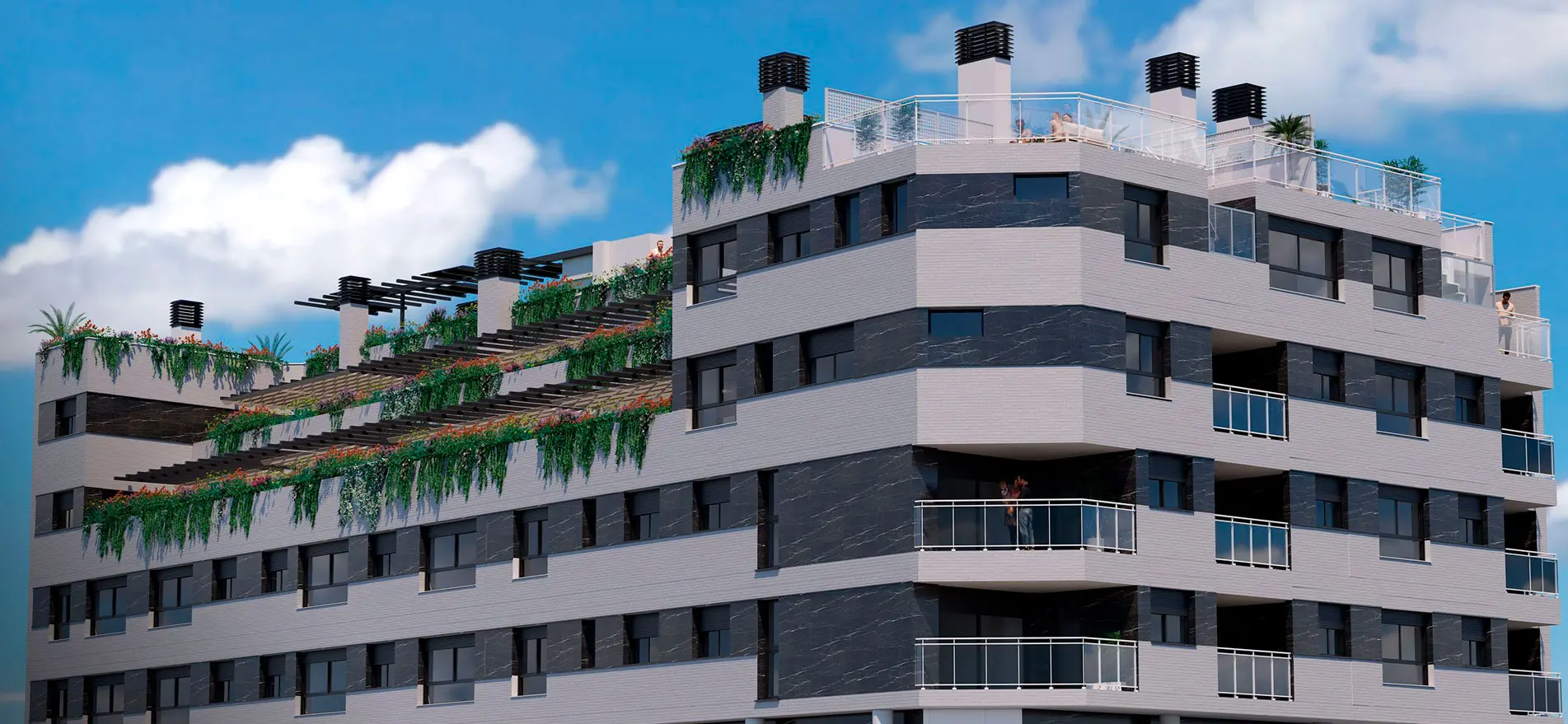 Gevel van een nieuwbouwproject in Castellón, appartementen te koop met ruime terrassen en groenvoorzieningen