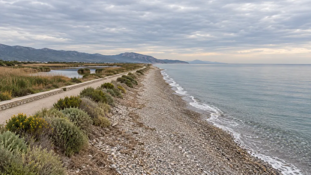 Playa de Cudolà, de guijarros, con el paseo marítimo junto a la costa virgen del Prat de Cabanes