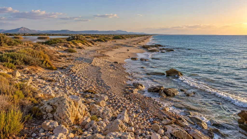 Playa de Quartell Vell, larga y poco construida, con roca, guijarros y arena